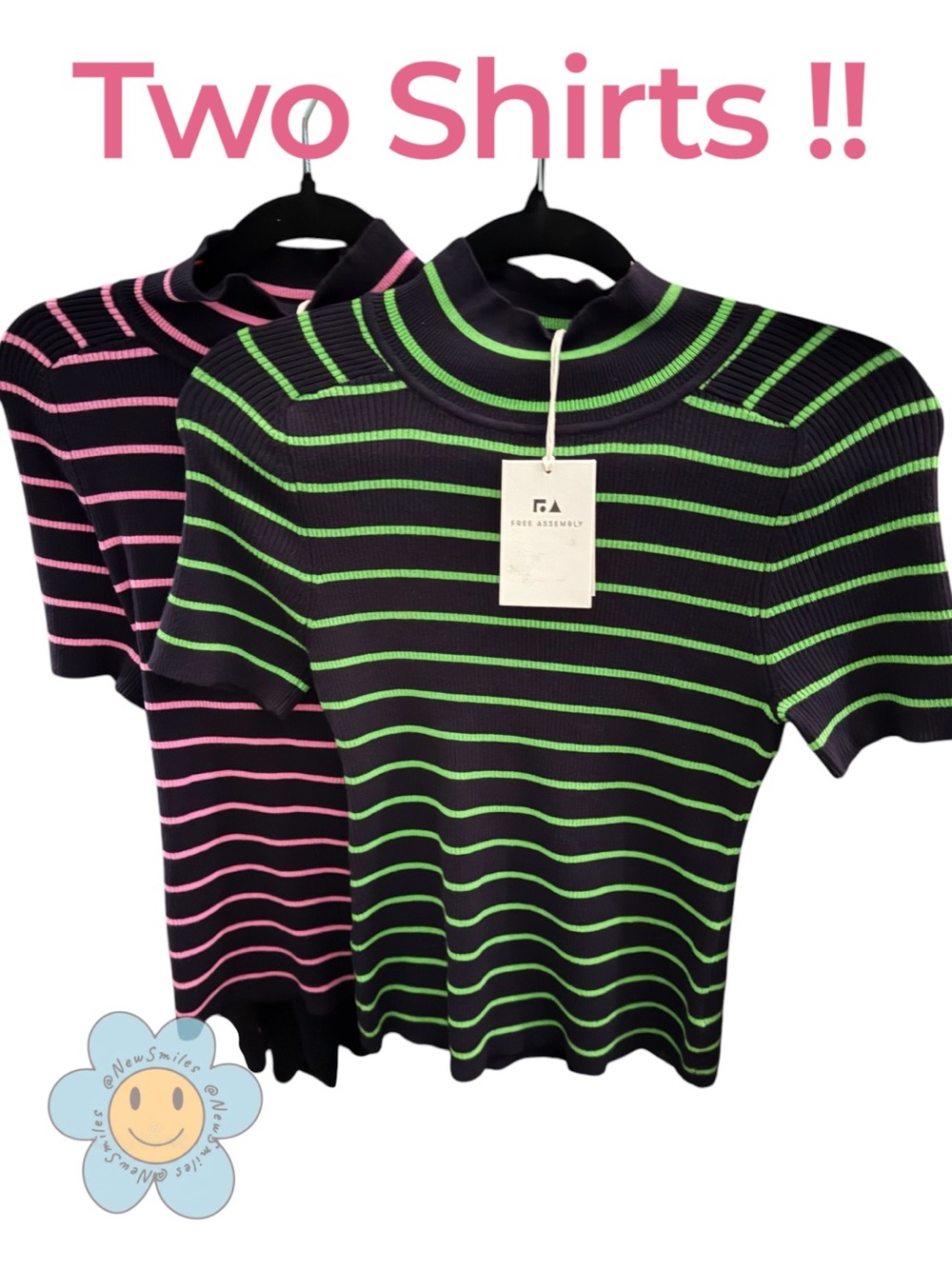 Free Assembly ~ 2 Knit Shirts ~ Short Sleeves ~ Neon Stripes ~ Mock Neck ~ Light